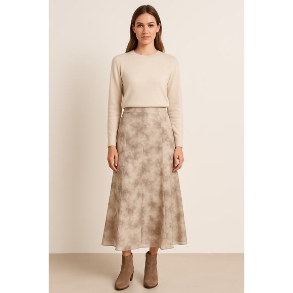 NWT Moon River Watercolor Midi Skirt Beige Gray Chiffon A-Line Sz Small Softcore - Picture 1 of 6